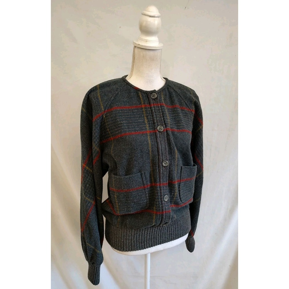 80s Vintage Valentino Boutique Sweater Shirt Banded Bottom Gray Soft Wool Plaid